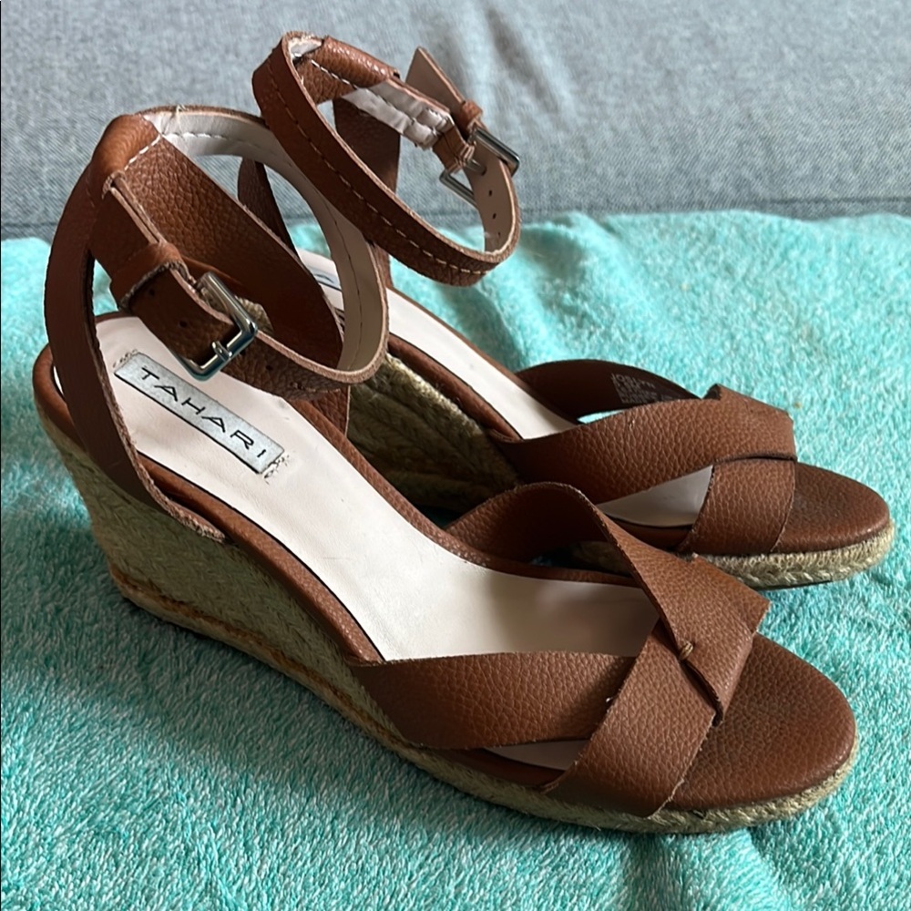 Tahari Brown Leather Wedge Sandals with Ankle Straps